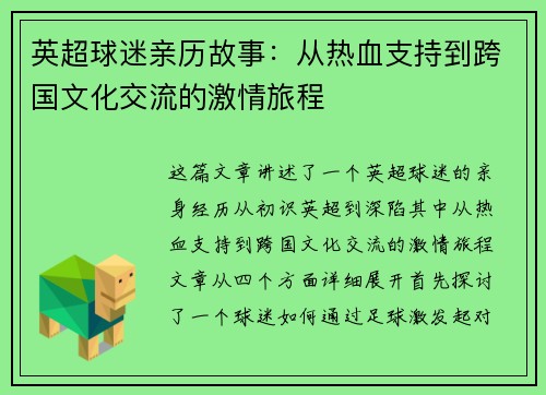 英超球迷亲历故事：从热血支持到跨国文化交流的激情旅程